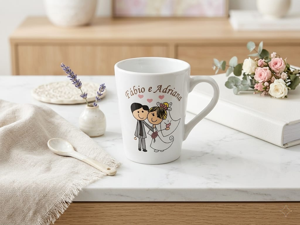 Caneca personalizada para casamento com ilustração do casal